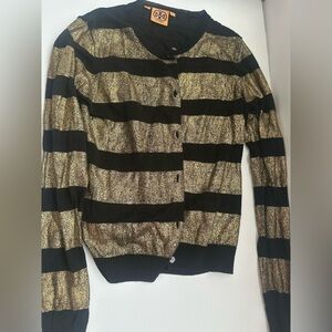 Tory Burch Black and Metallic Gold Striped Knit Cardigan